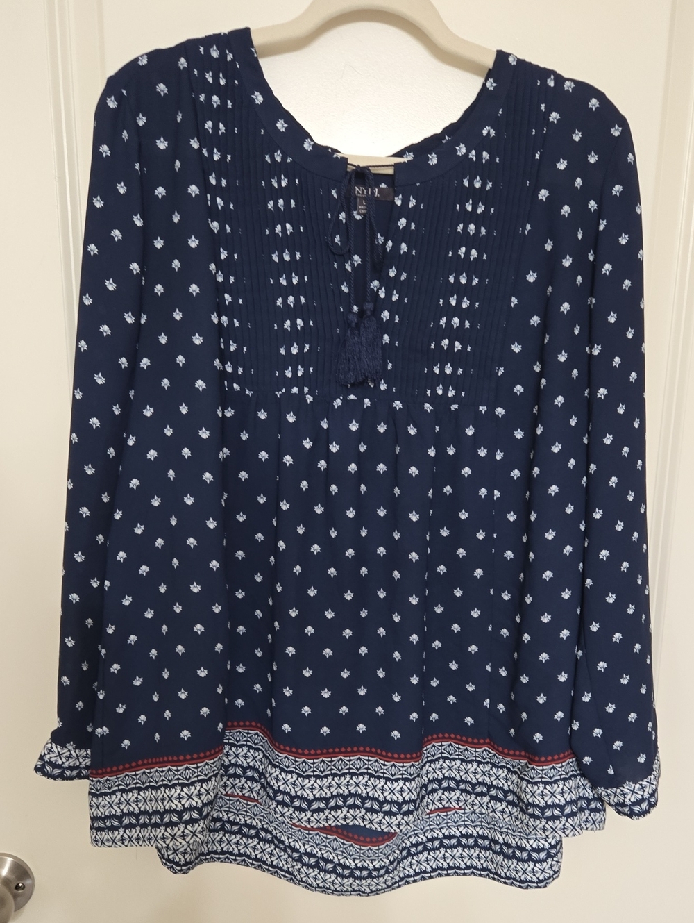 NYDJ Navy Printed Peasant Tunic with Tassel Tie